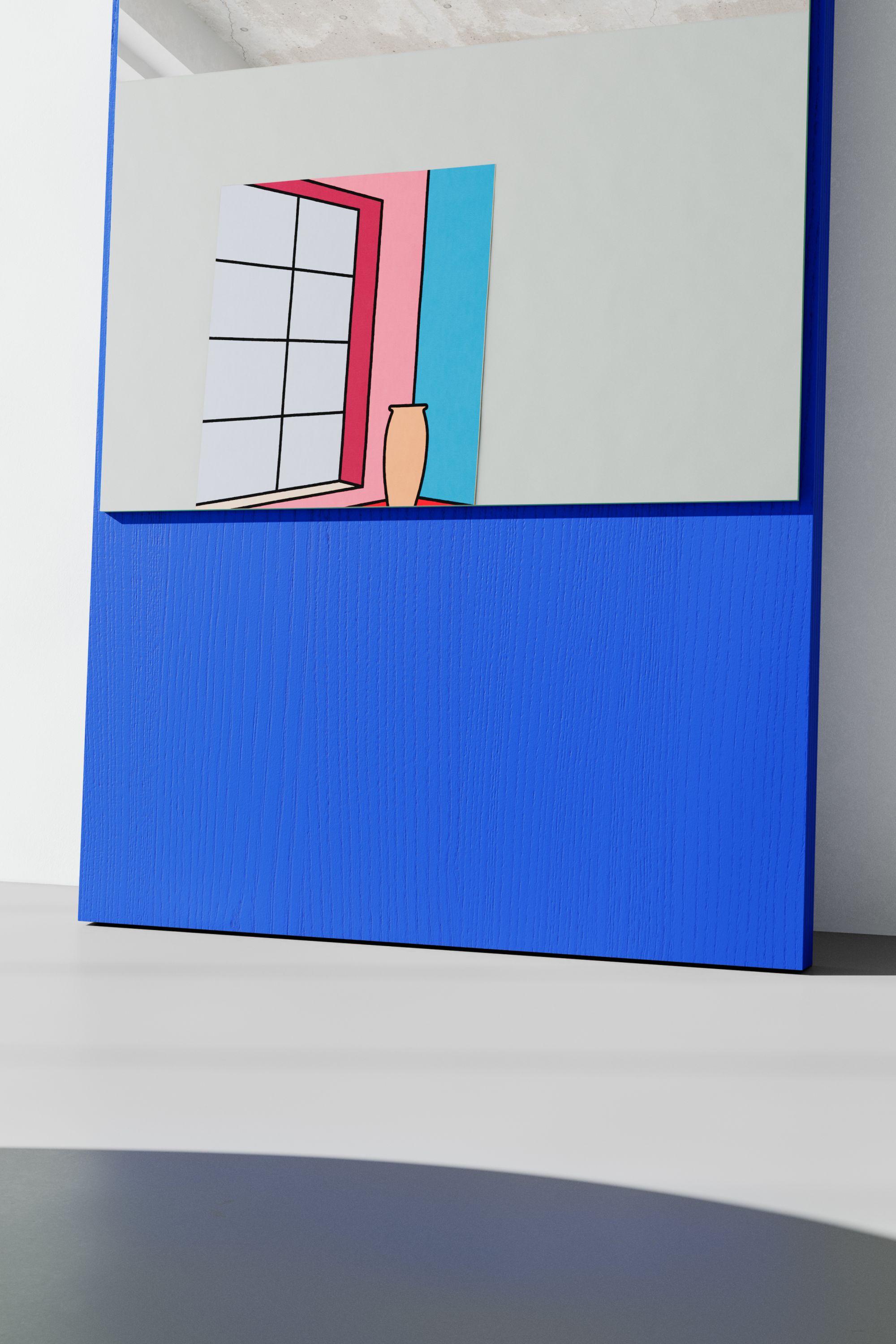 FRIEDRICH Spiegel Esche Berliner Blau: Detailansicht des blauen Holzrahmens mit abstrakter Fenster- und Vasen-Illustration.