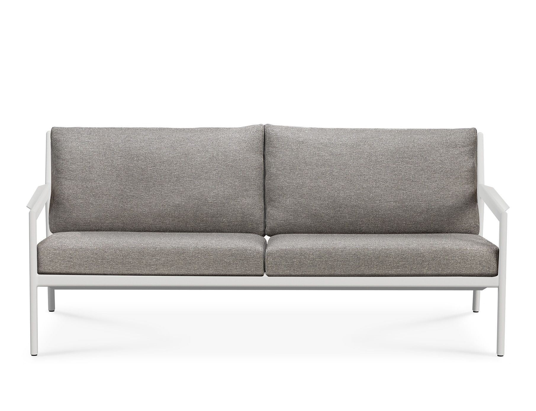 Jack Outdoor Sofa von Ethnicraft: 2-Sitzer Gartensofa mit weißem Aluminiumrahmen und grauen Polstern.