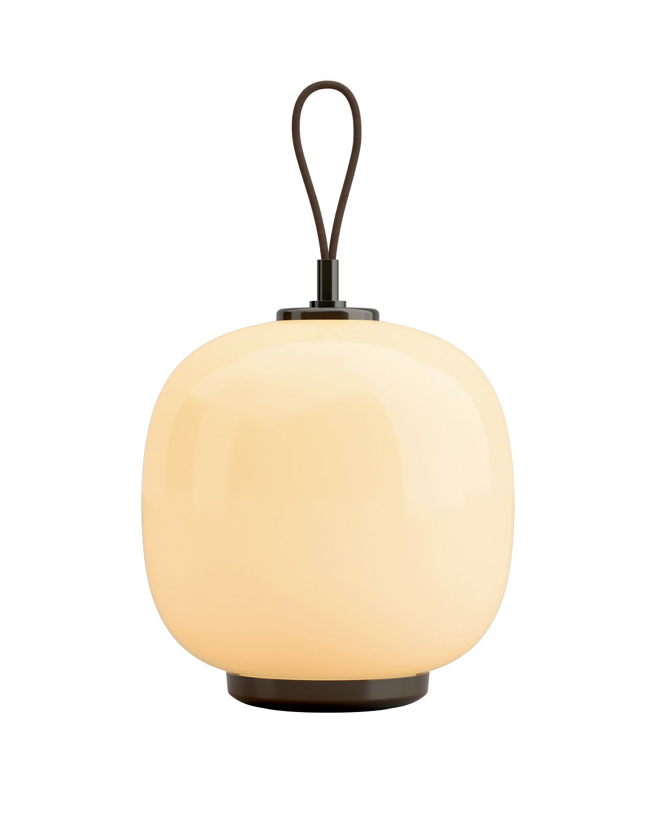 VL 45 Radiohus Tischleuchte von Louis Poulsen: Runde, tragbare Akkuleuchte mit braunem Lederriemen.