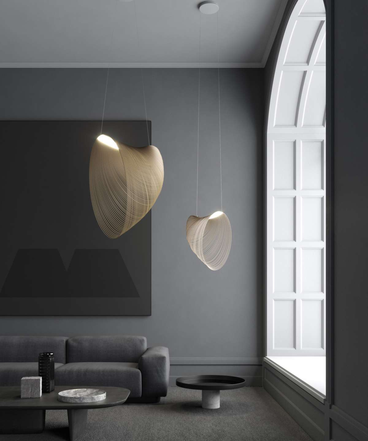 D82 Illan LED Pendelleuchte von Luceplan, moderne Hängelampe aus Holzfurnier, warmes Licht.