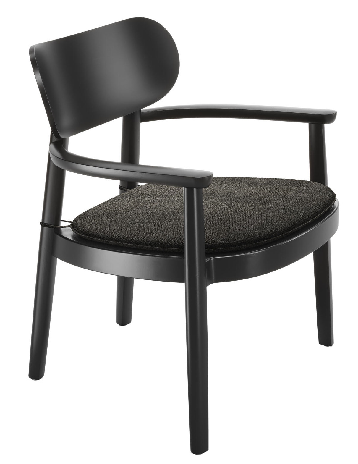 Schwarzer Holzstuhl mit Armlehnen und grauer Polsterauflage für Thonet Sessel, bequeme Sitzauflage.