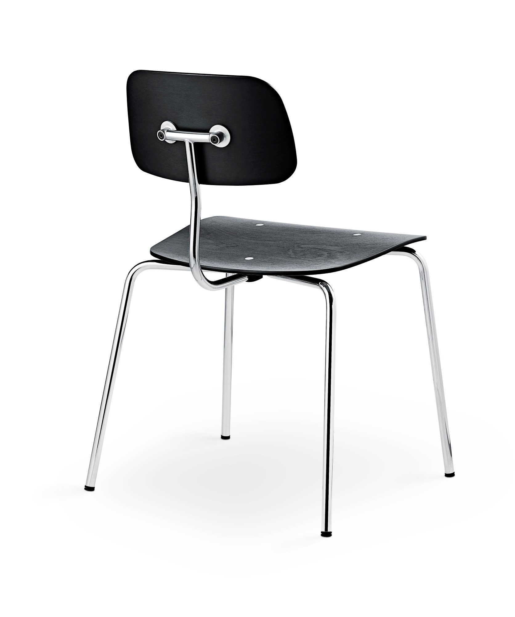 Kevi Stuhl 2060 Montana mit schwarzer Sitzfläche und Rückenlehne, Chromgestell von hinten.
