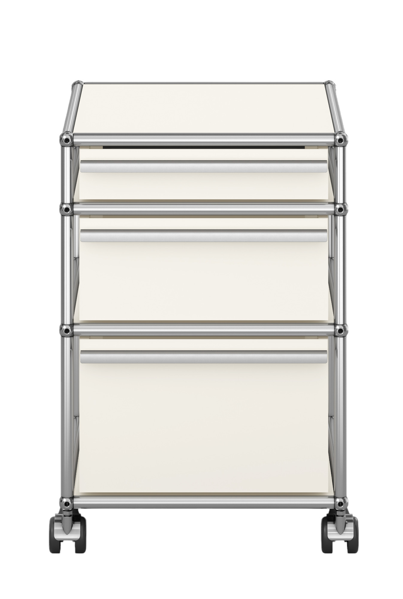 USM Haller Rollcontainer in Reinweiß mit drei Schubladen und verchromtem Gestell, Frontansicht.