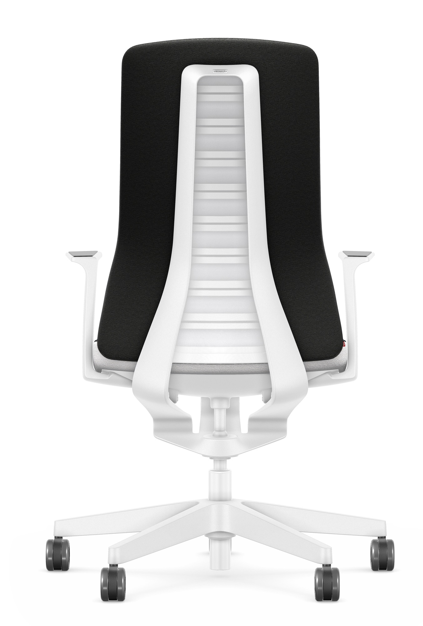 Rückansicht des Interstuhl Bürodrehstuhls Pure Edition Interior in Schwarz mit weißem Rahmen und Rollen.