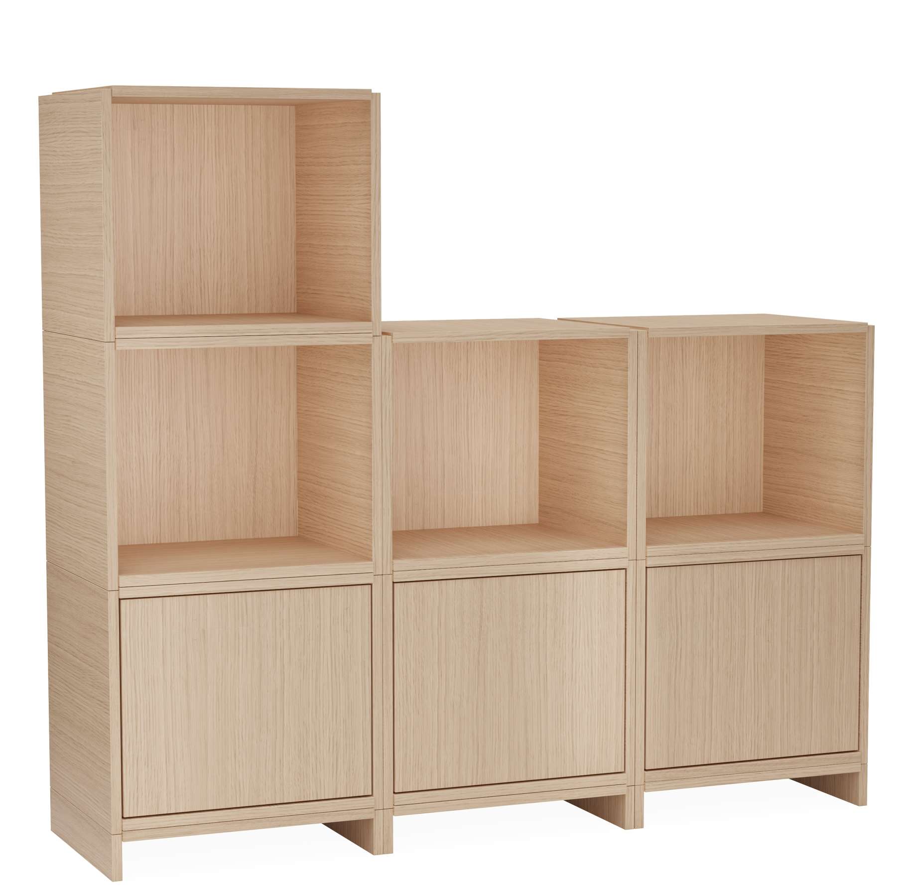 Bricks System Regal von Woud: Modulares Holzregal mit offenen Fächern und Türen in Eiche.