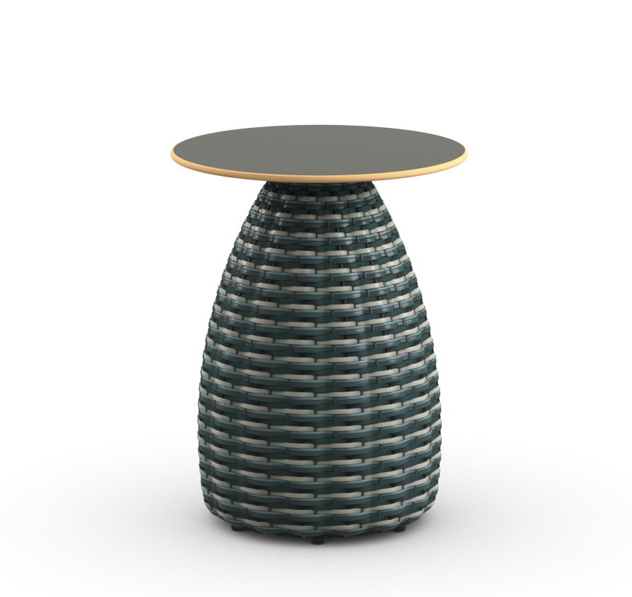 Dedon Porcini Beistelltisch Ø41cm: Runder, geflochtener Outdoor-Tisch in Grau und Weiß mit grauer Tischplatte.