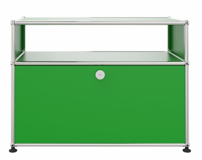USM Haller Beistellmöbel in Grün mit Schublade und offenem Fach, modernes Designmöbel.