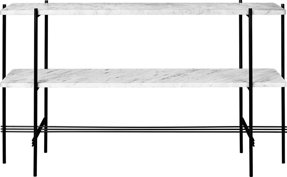 TS Konsole von Gubi mit weißem Marquina Marmor und schwarzem Metallgestell, zwei Ablageflächen.