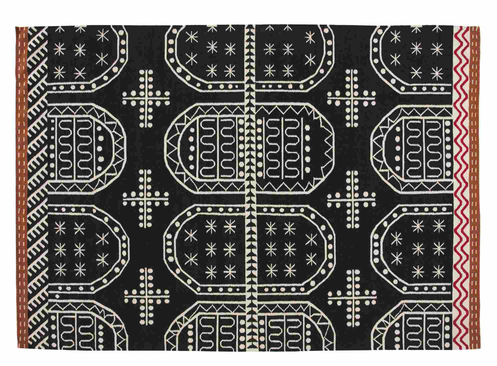 Kilim Teppich Tasili mit abstraktem Muster in Schwarz und Weiß, Größe 150x200 cm.