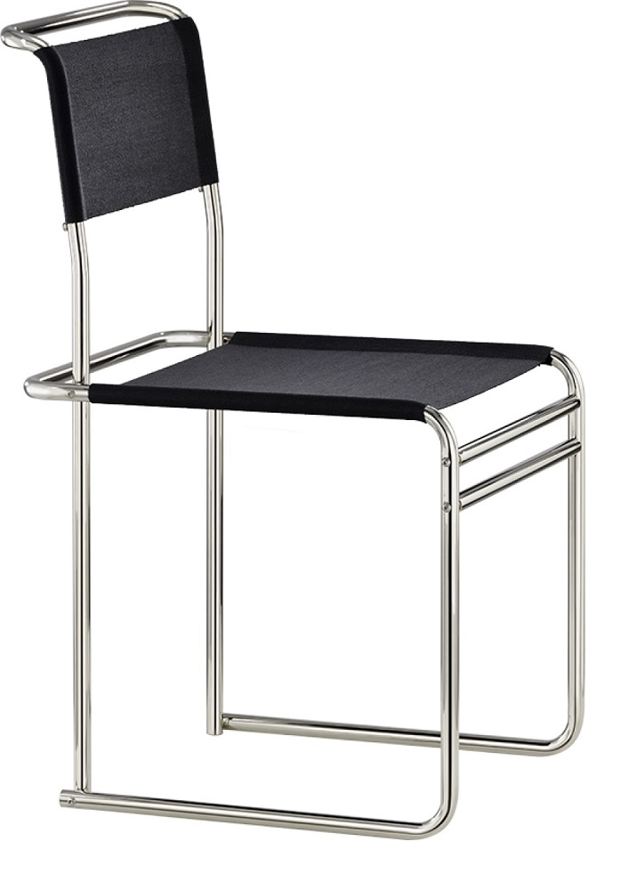 B40 Stuhl mit Bauhaus-Gurt von Tecta: Freischwinger Stuhl mit schwarzer Bespannung und Stahlrohrgestell.