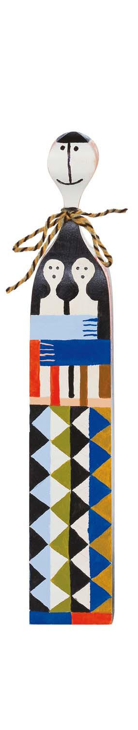 Holzfigur Vitra No 5: Dekorative Holzpuppe mit abstraktem, farbenfrohem Muster und freundlichem Gesicht.