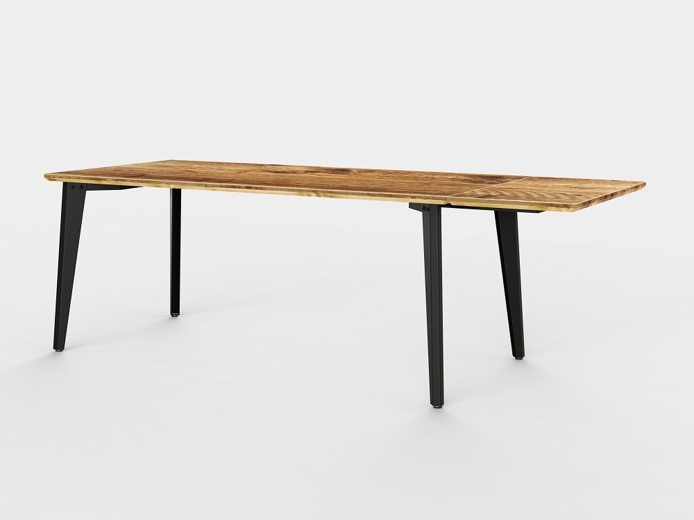 Plog Tisch von Jan Cray mit Holzplatte und schwarzen Metallbeinen, verlängerbarer Esstisch.