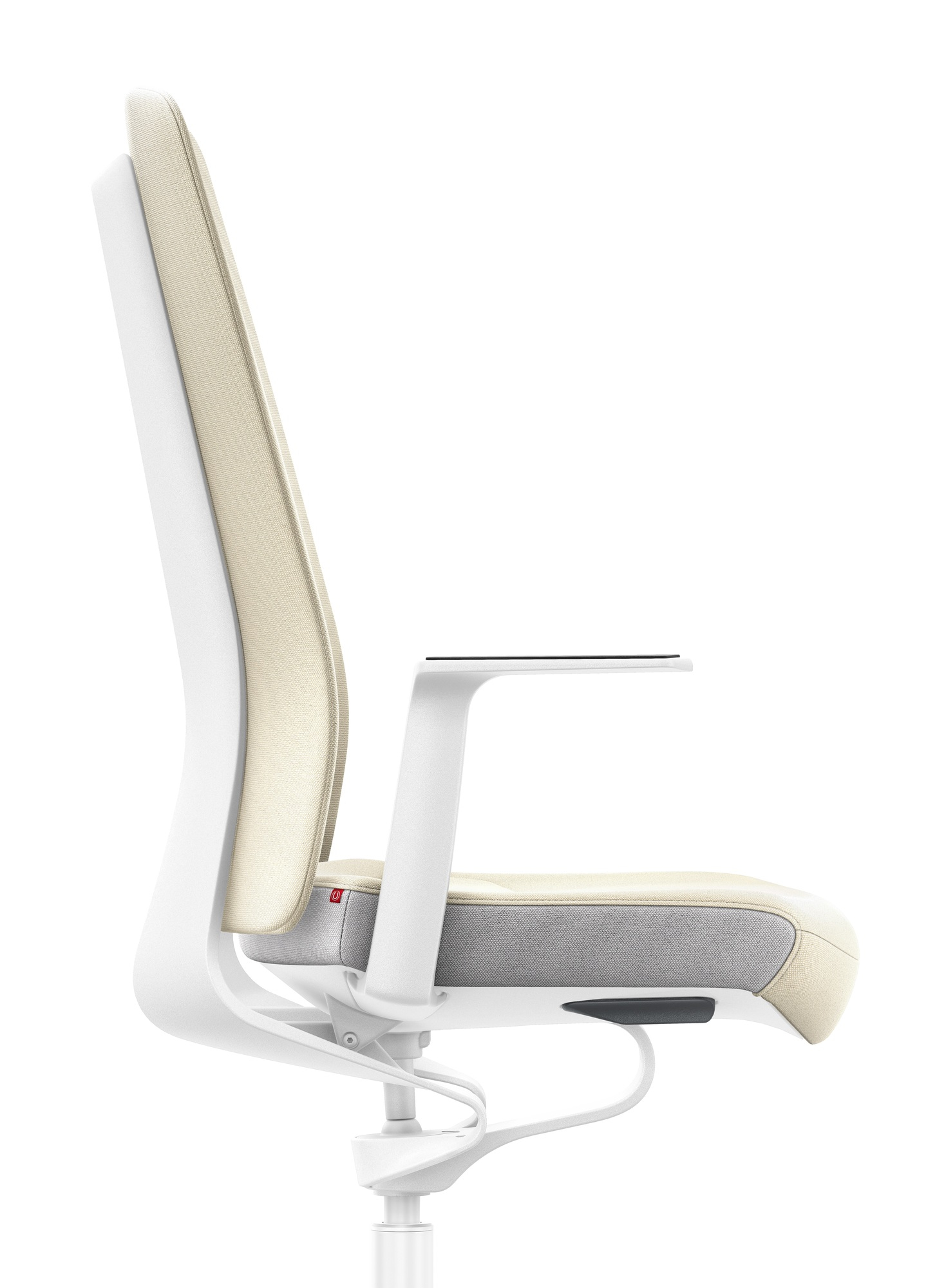 Seitenansicht des Interstuhl Bürodrehstuhls Pure Edition in Beige mit weißem Gestell. Ergonomischer Drehstuhl für Büro und Homeoffice.