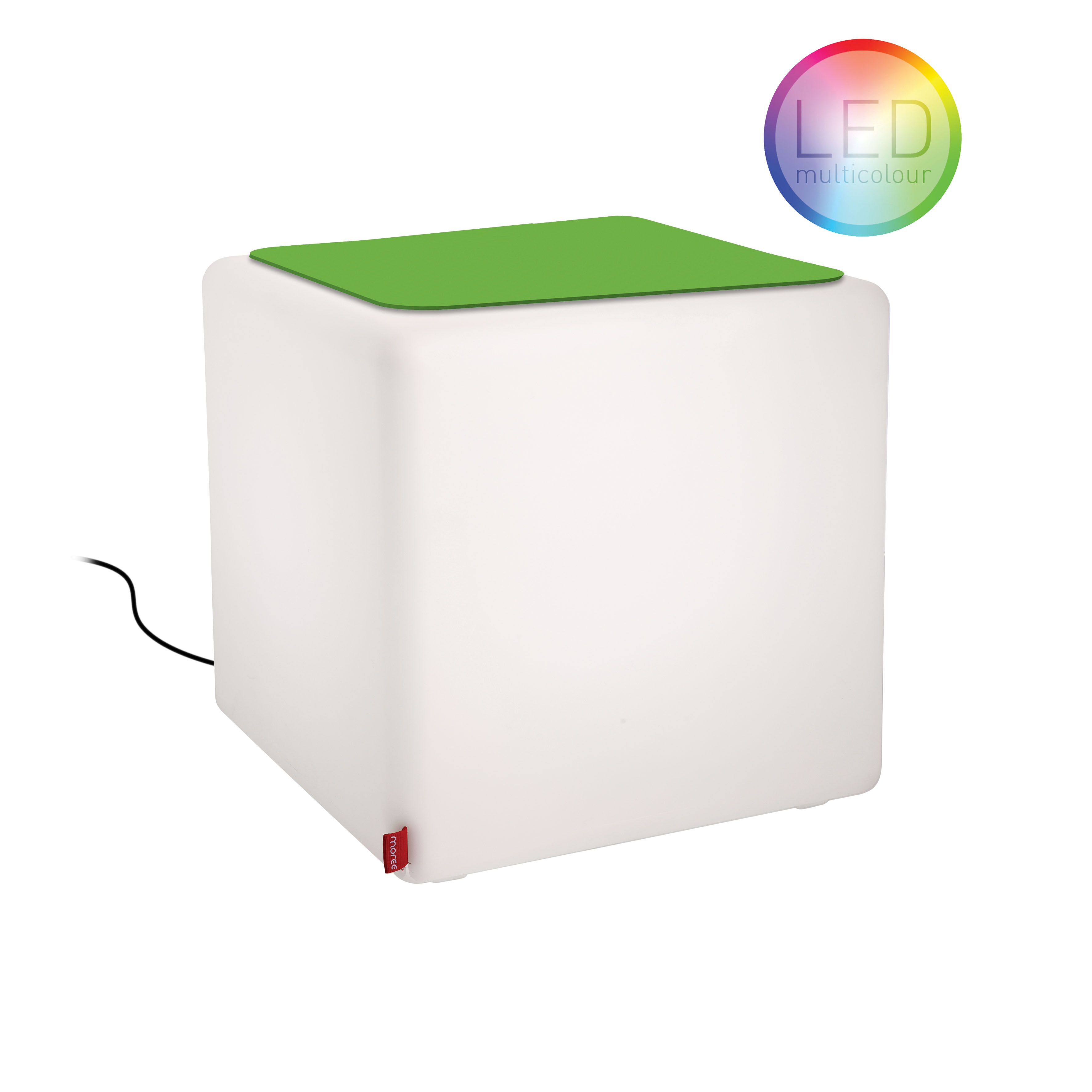 CUBE LED Hocker von Moree mit grüner Auflage, ideal als Beistelltisch für Outdoor.