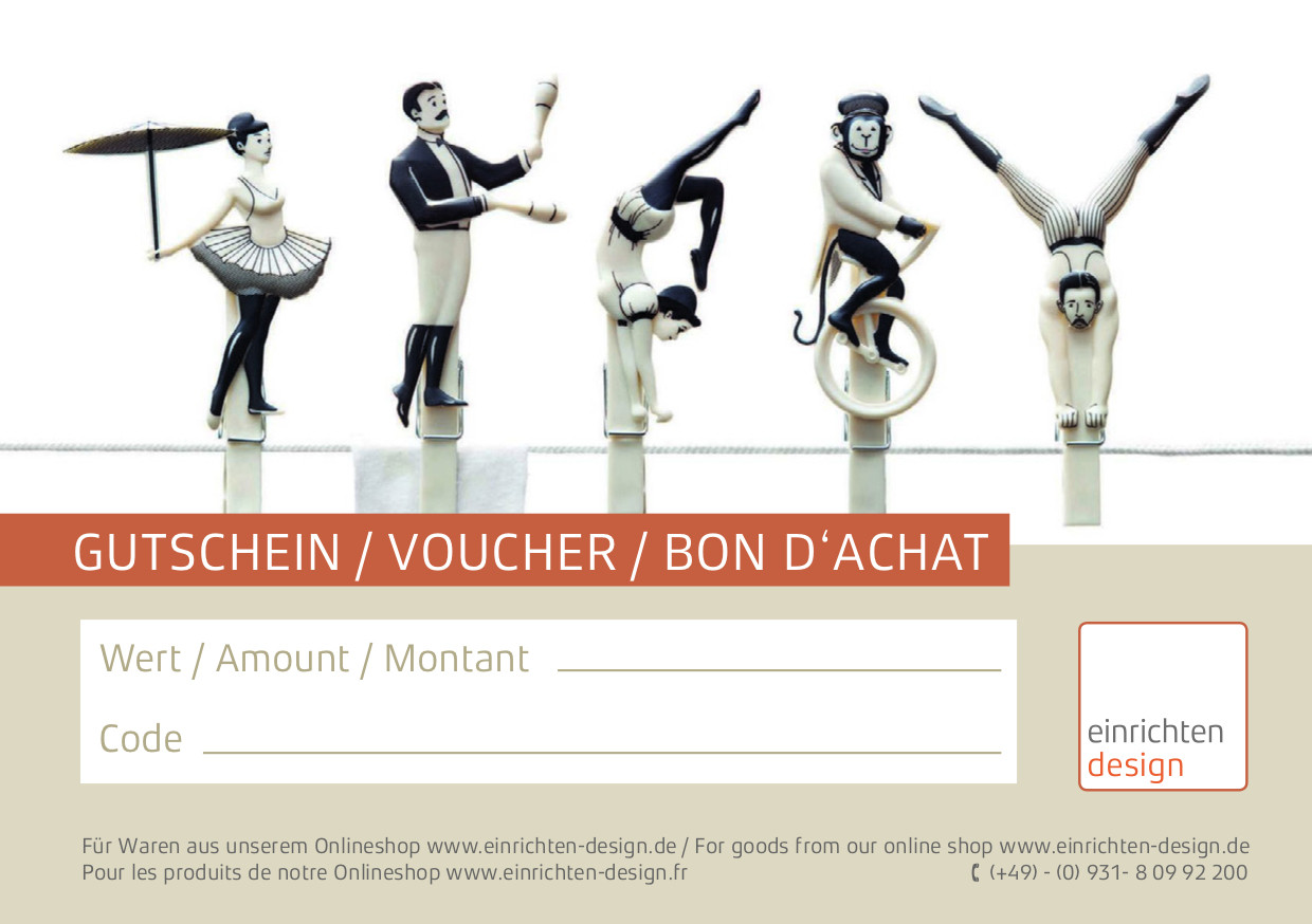 Gutschein mit Zirkus-Motiv: Illustration von Akrobaten, Jongleuren und einem Affen auf einem Einrad.