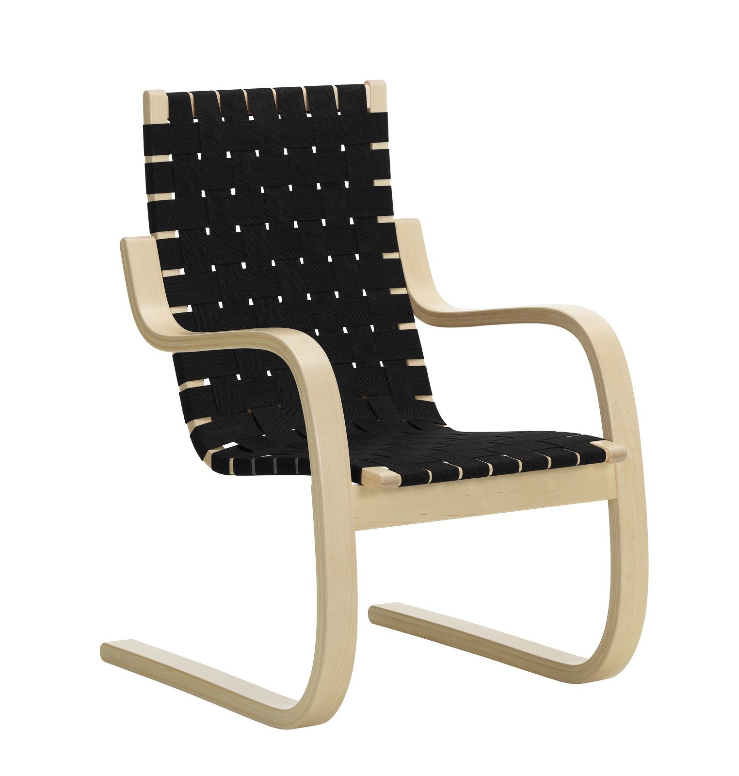Armchair 406 Sessel von Artek mit schwarzem Stoffgeflecht und hellem Holzgestell. Designklassiker.