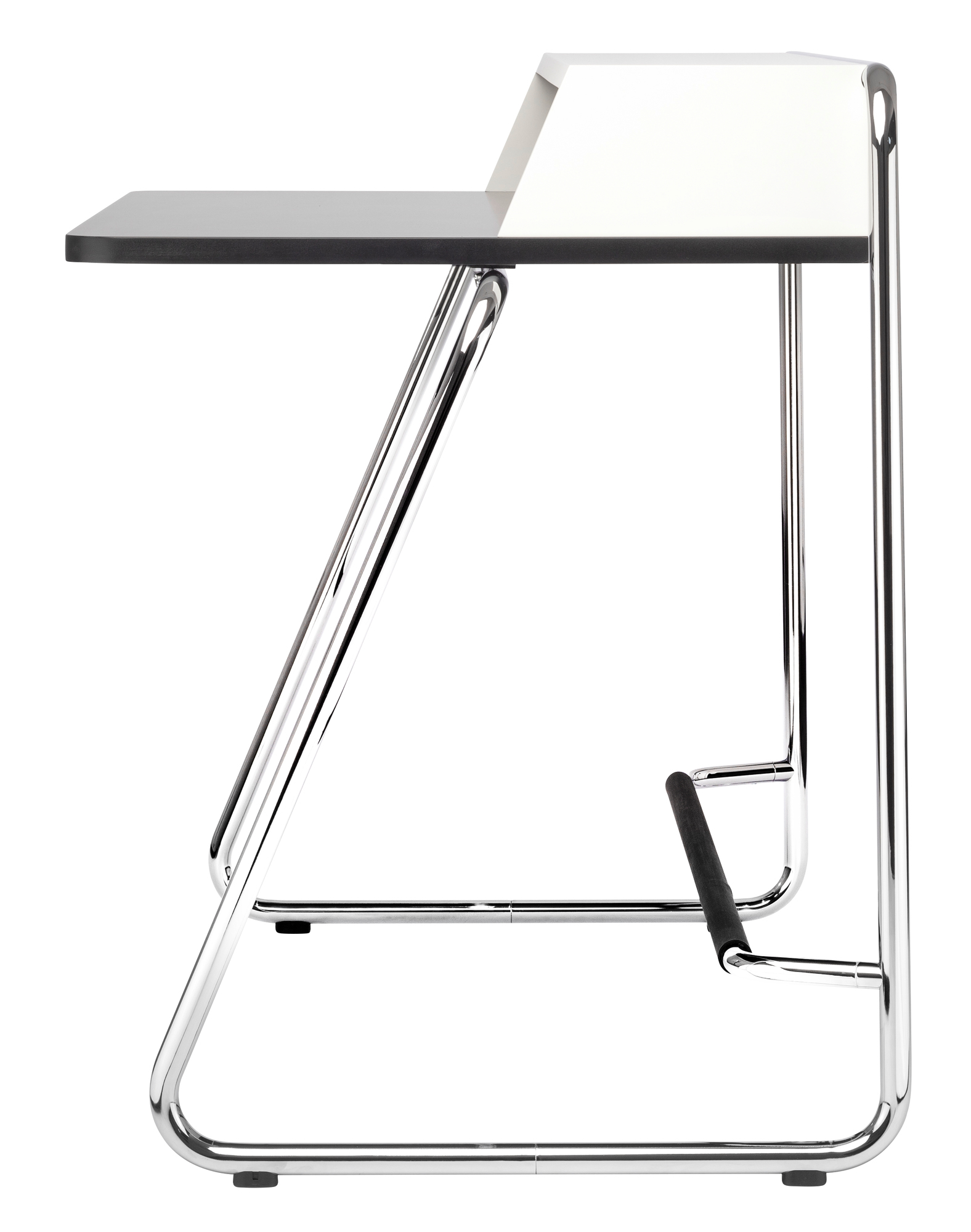 S 1200 Thonet Sekretär: Moderner Schreibtisch mit Stahlrohrgestell und Ablage, seitliche Ansicht. Design Büromöbel.