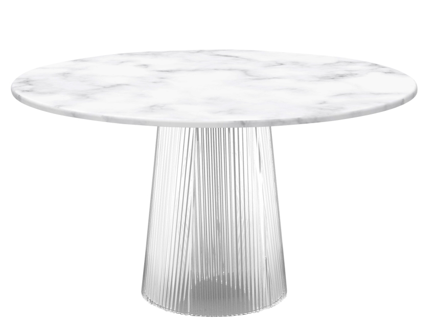Weißer runder Esstisch mit Marmorplatte und transparentem geriffeltem Fuß, Bent Dining Table.
