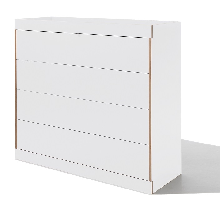 Weiße Flai Kommode von Müller Möbelwerkstätten mit vier Schubladen, modernes Schlafzimmermöbel.