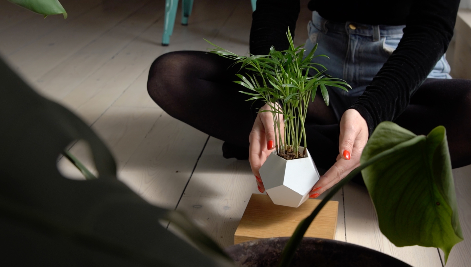 Frau hält Lyfe Vase, eine schwebende Design-Vase von Klein & More, mit grüner Pflanze.