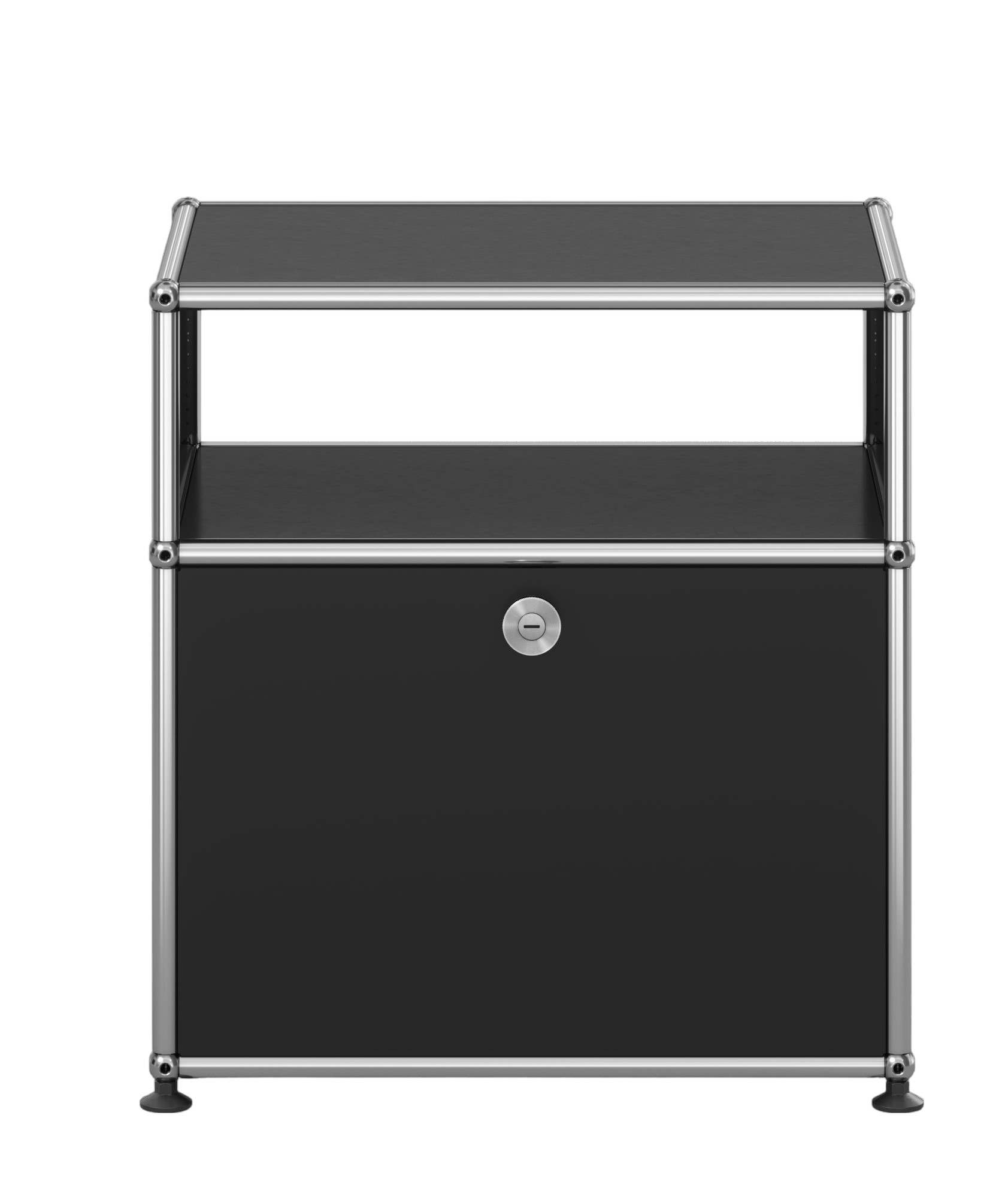 Schwarzer USM Haller Nachttisch mit Klapptür und verchromtem Gestell, modernes Schlafzimmermöbel.
