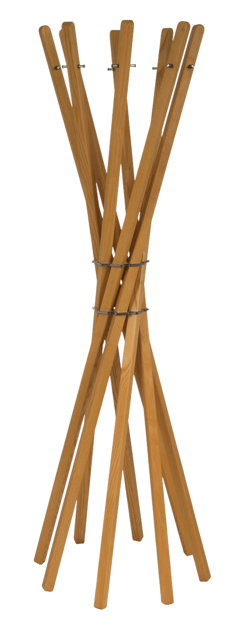 Marilyn Garderobenständer aus Holz von Keilbach Designprodukte mit acht Stäben und Metallringen.