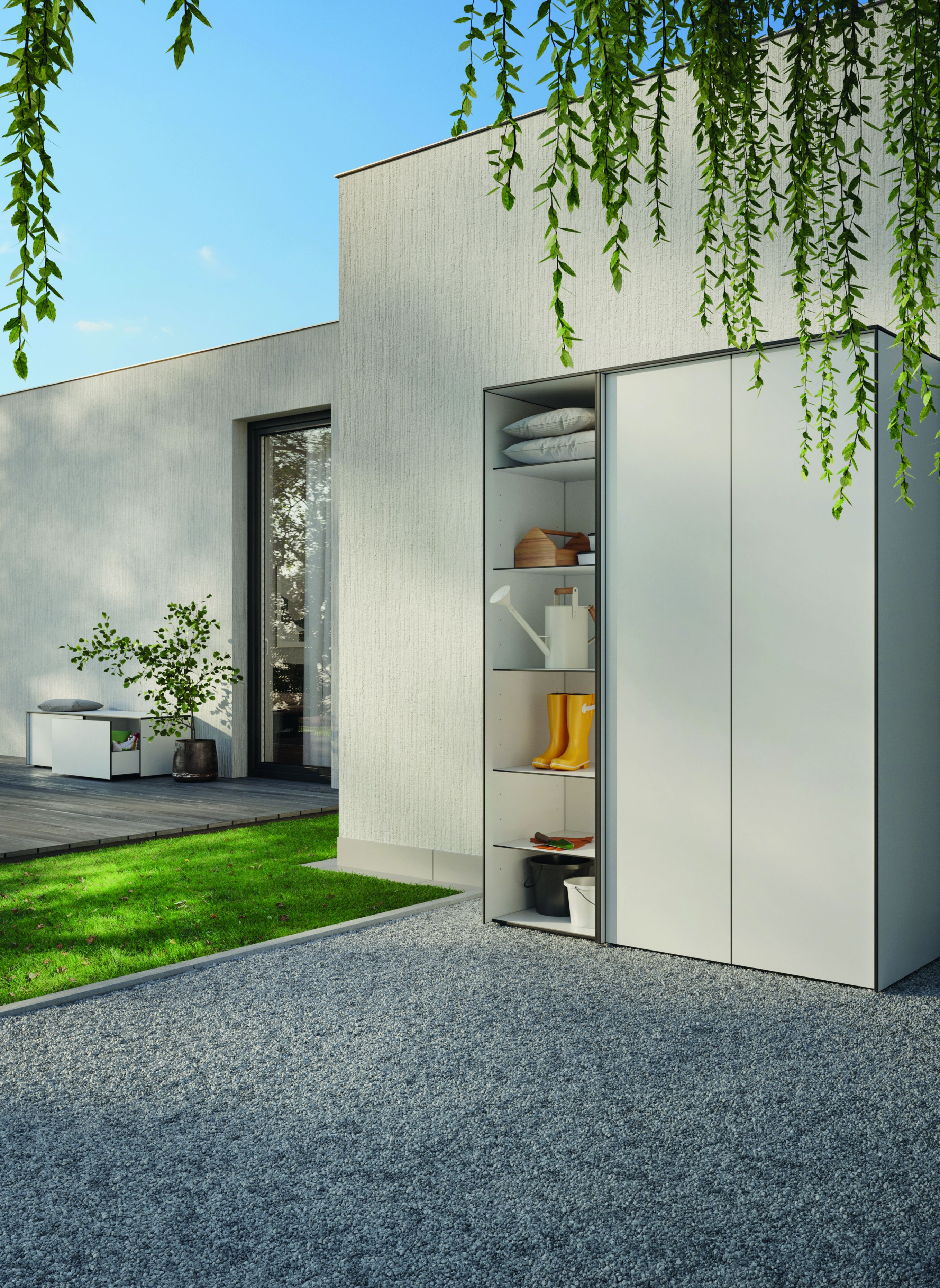 Ordo Gartenschrank Space Taupe von Conmoto, moderne Gartenaufbewahrung mit Regalen für Gartengeräte.