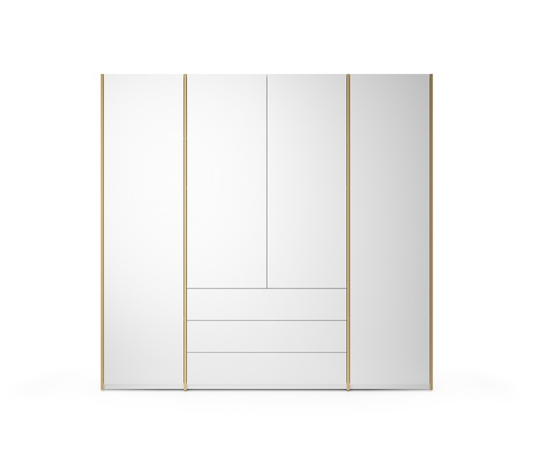 Weißer MODULAR PLUS Schrank von Müller Möbelwerkstätten mit goldenen Akzenten und Schubladen.