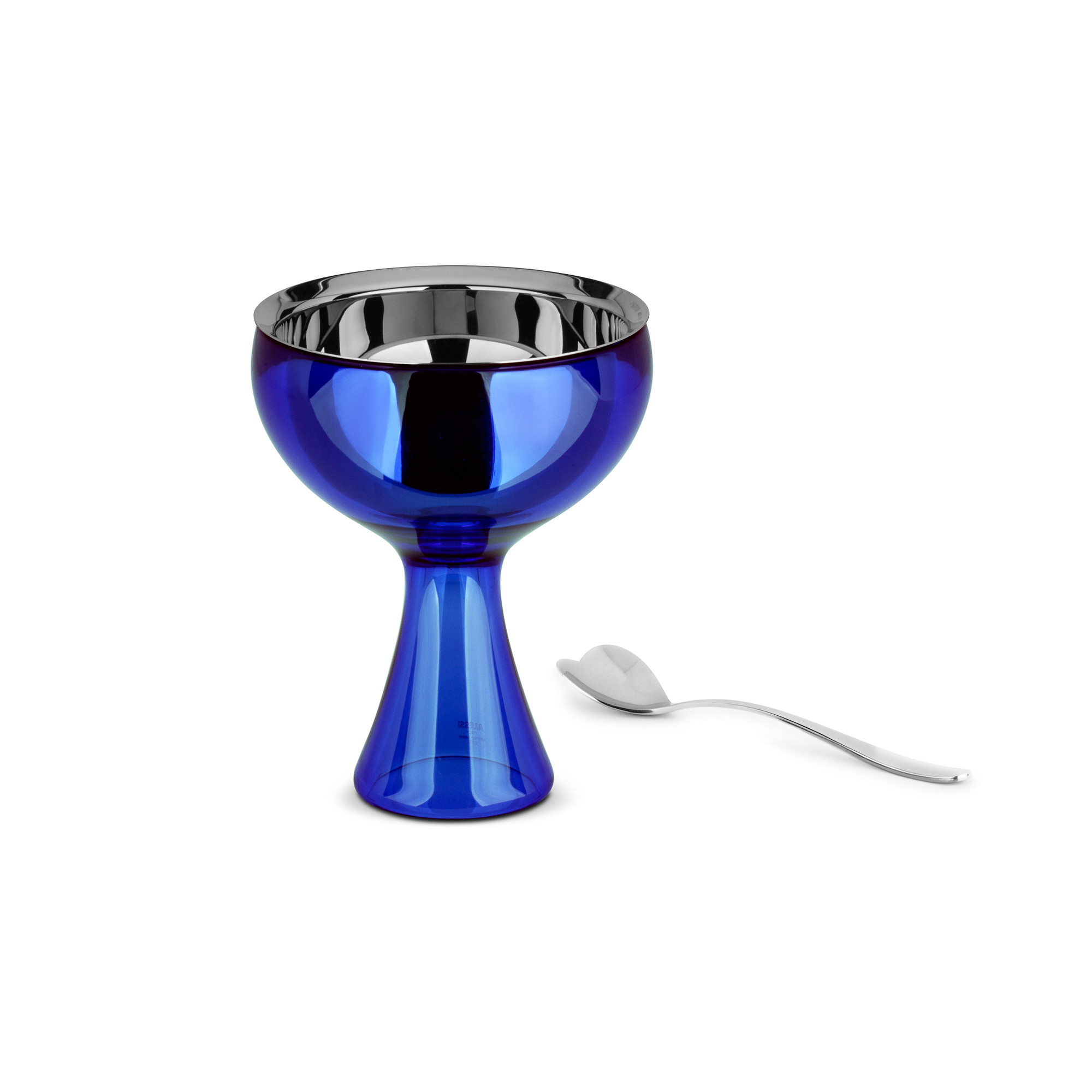 Blauer Alessi Big Love Eisbecher mit Edelstahleinsatz und Löffel für Eisdesserts.