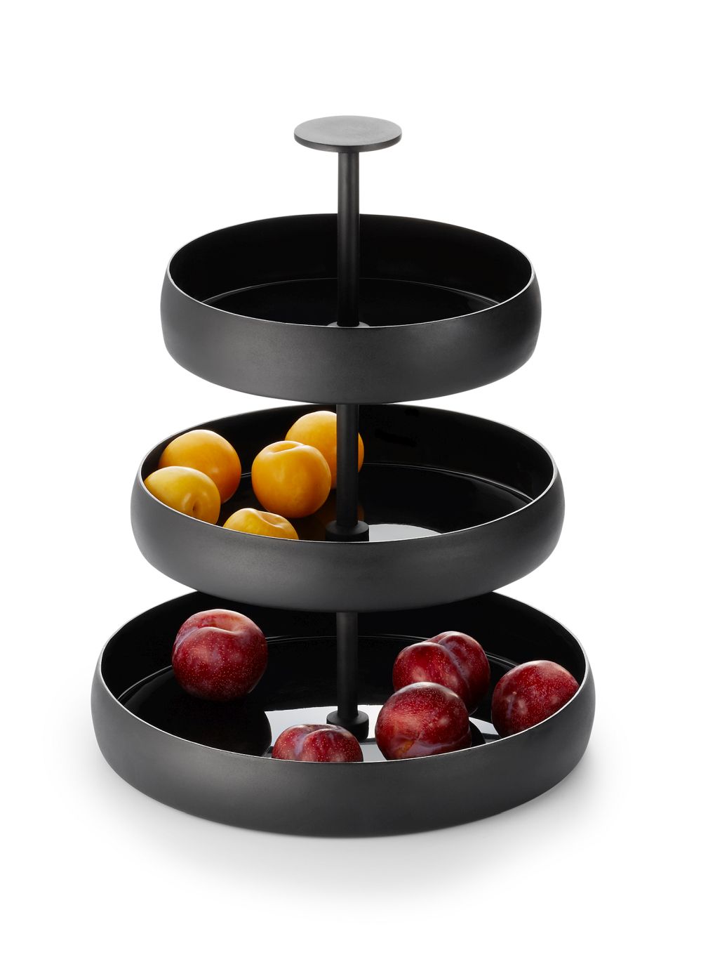 Schwarze Philippi Etagere Negretto mit drei Etagen, gefüllt mit Pflaumen und Aprikosen. Dekorative Obstschale.