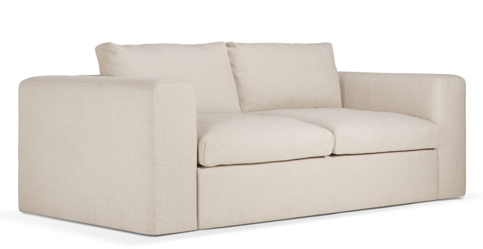 Ethnicraft Mellow Sofa: Beige 2,5-Sitzer Couch mit quadratischen Armlehnen und bequemen Kissen.