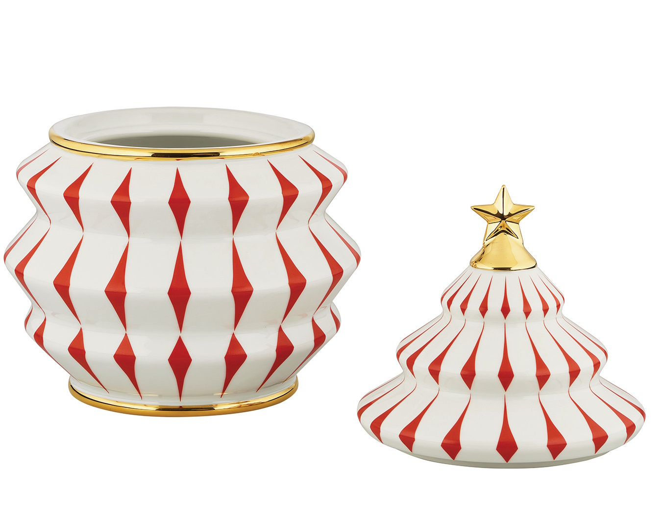 Alessi Keksdose mit Weihnachtsbaum-Deckel, weiß mit roten Rauten und goldenen Akzenten.
