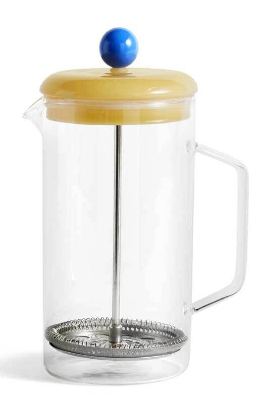Klarglas French Press Kaffeebereiter mit gelbem Deckel und blauem Knopf, 1 Liter Fassungsvermögen.