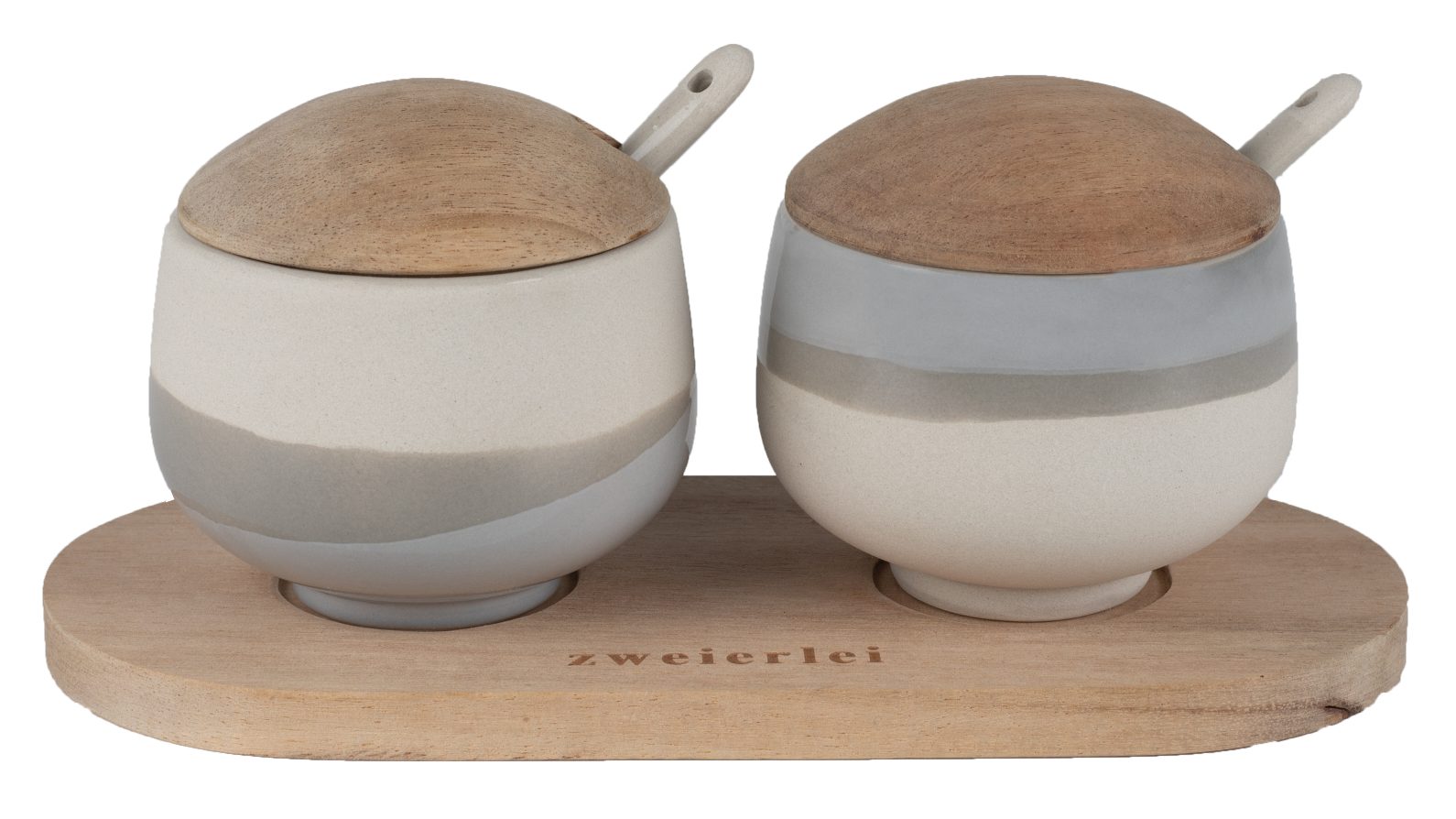 Dining Tischbotschaften Dosen Zweierlei: Keramikdosen mit Holzdeckel und Löffel auf Holztablett.