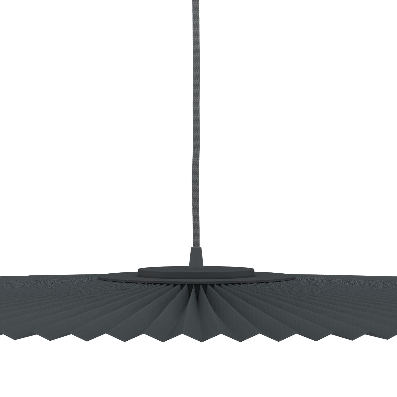 Nahaufnahme der grauen Carmen Pendelleuchte von Hartô mit plissiertem Lampenschirm.