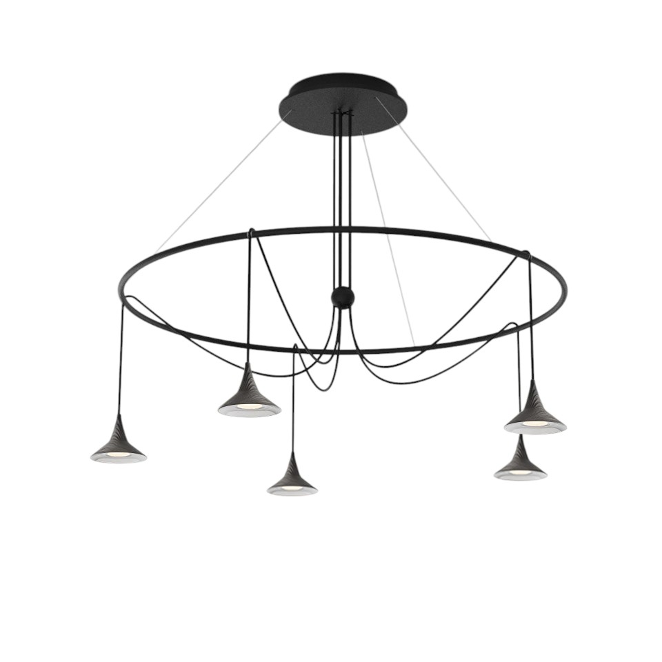 Schwarzer Unterlinden Chandelier Ring Kronleuchter von Artemide mit filigranen Kegel-Lampenschirmen und warmweißem 3000K Licht.