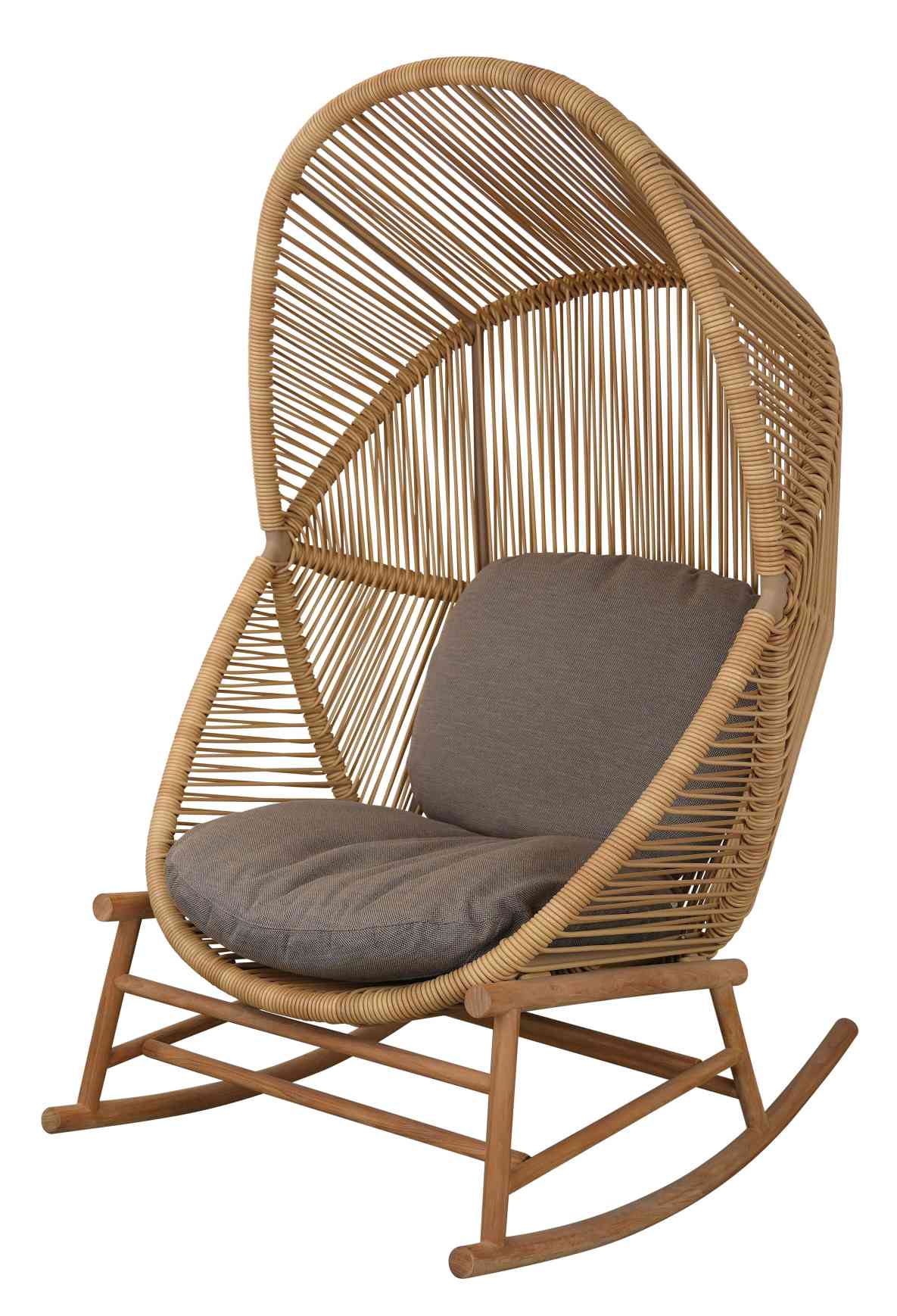 Cane-Line Hive Sessel: Detailansicht mit taupefarbenem Sitz- und Rückenkissen für den Außenbereich.