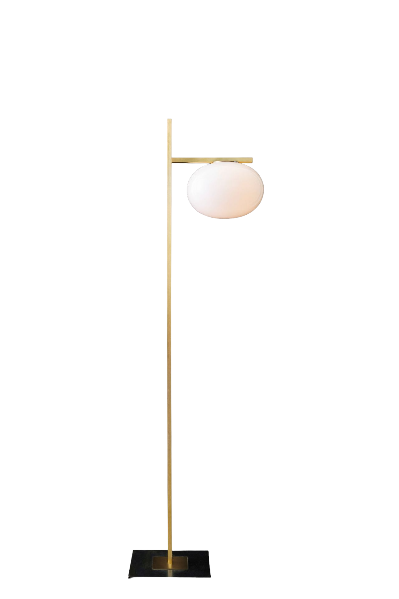 Alba Stehleuchte von Oluce: Moderne Stehlampe mit goldenem Gestell und runder, weißer Glaskugel.