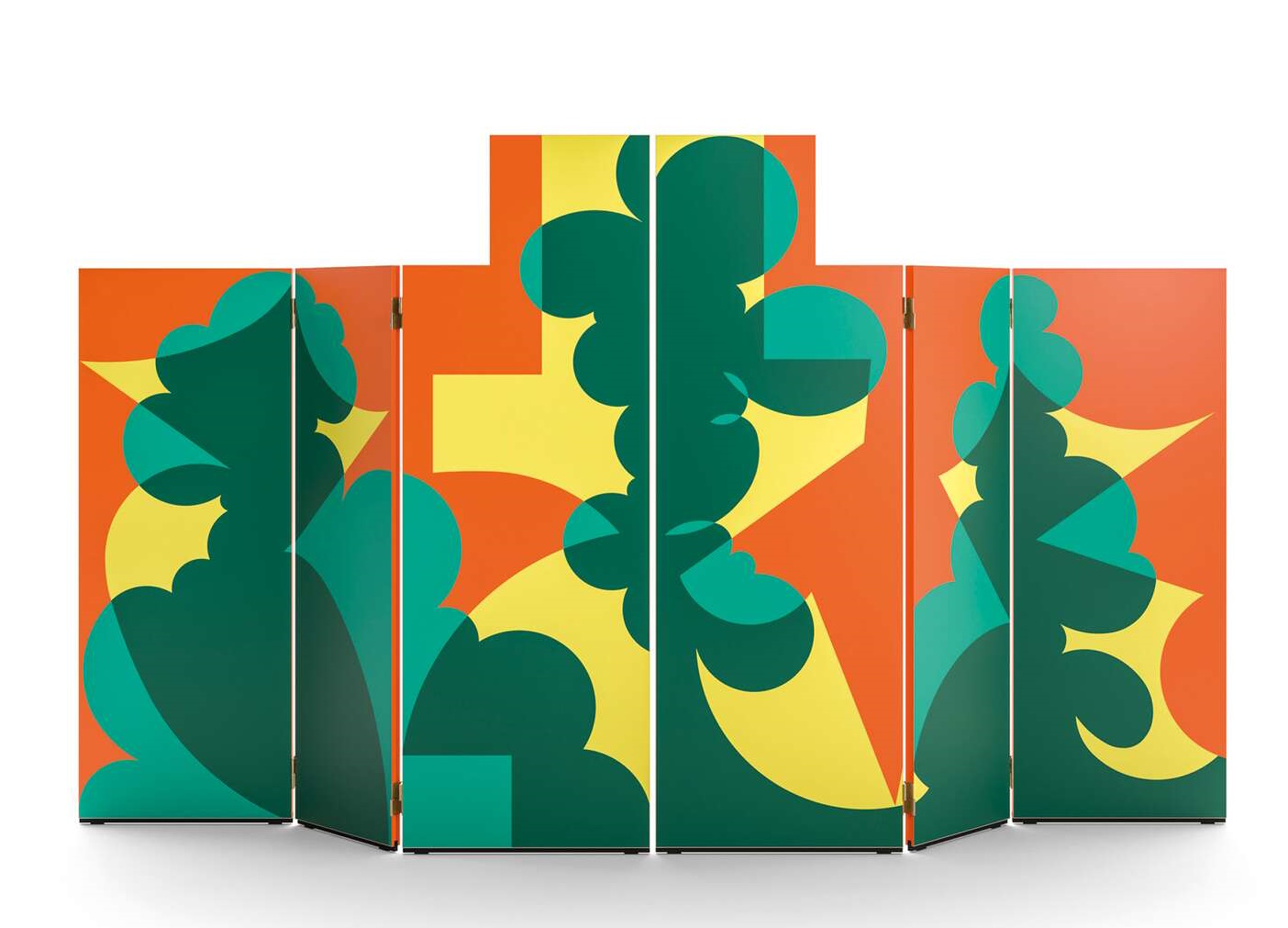 330 Paravento Balla Paravent von Cassina mit abstraktem, farbenfrohem Design in Grün, Gelb und Orange.