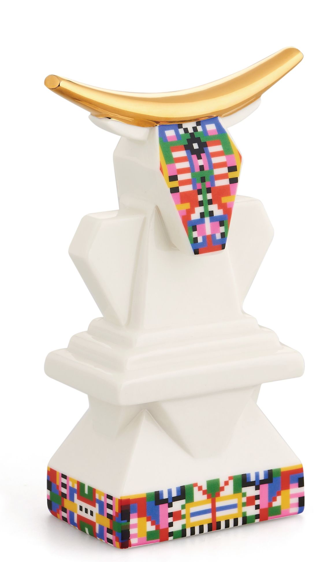 Alessi Kuh Porzellanfigur ESA05, weiß mit goldenen Hörnern und bunten Pixelmustern.