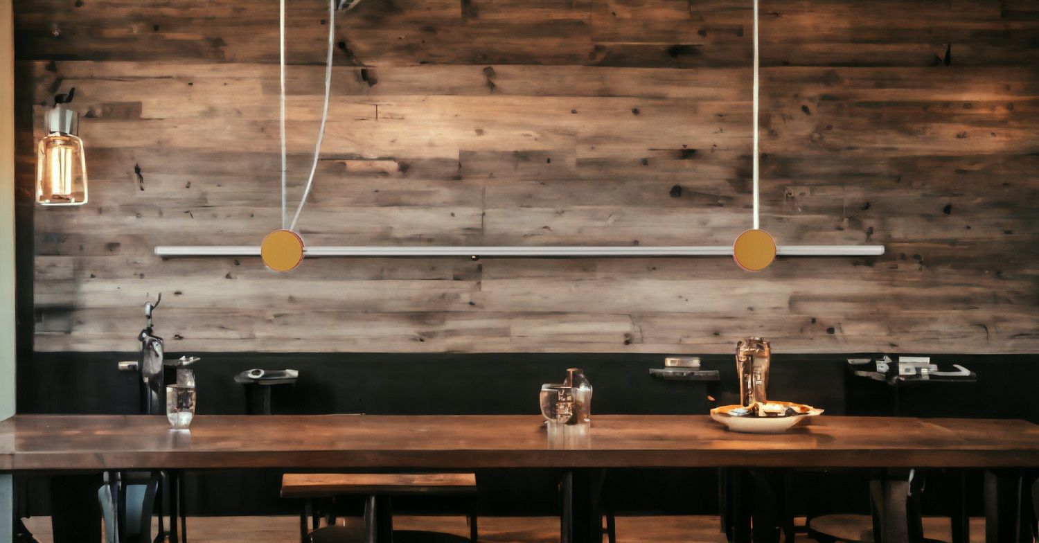 Eitie Line Hängeleuchte von Cassina über Esstisch mit Geschirr und rustikaler Holzwand.