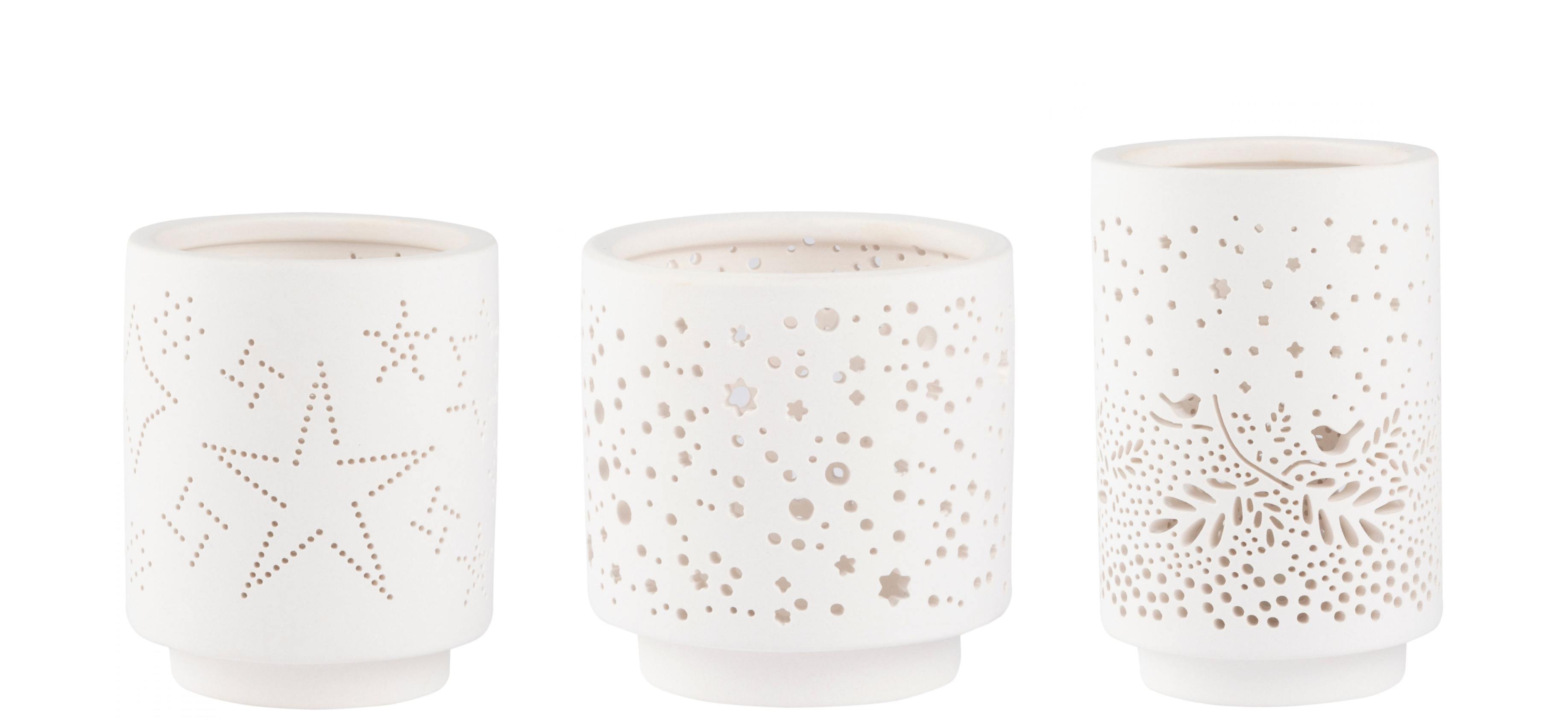 Living Licht 3er Set Räder: Drei weiße Windlichter mit Sternen, Punkten und Vogelmotiven.