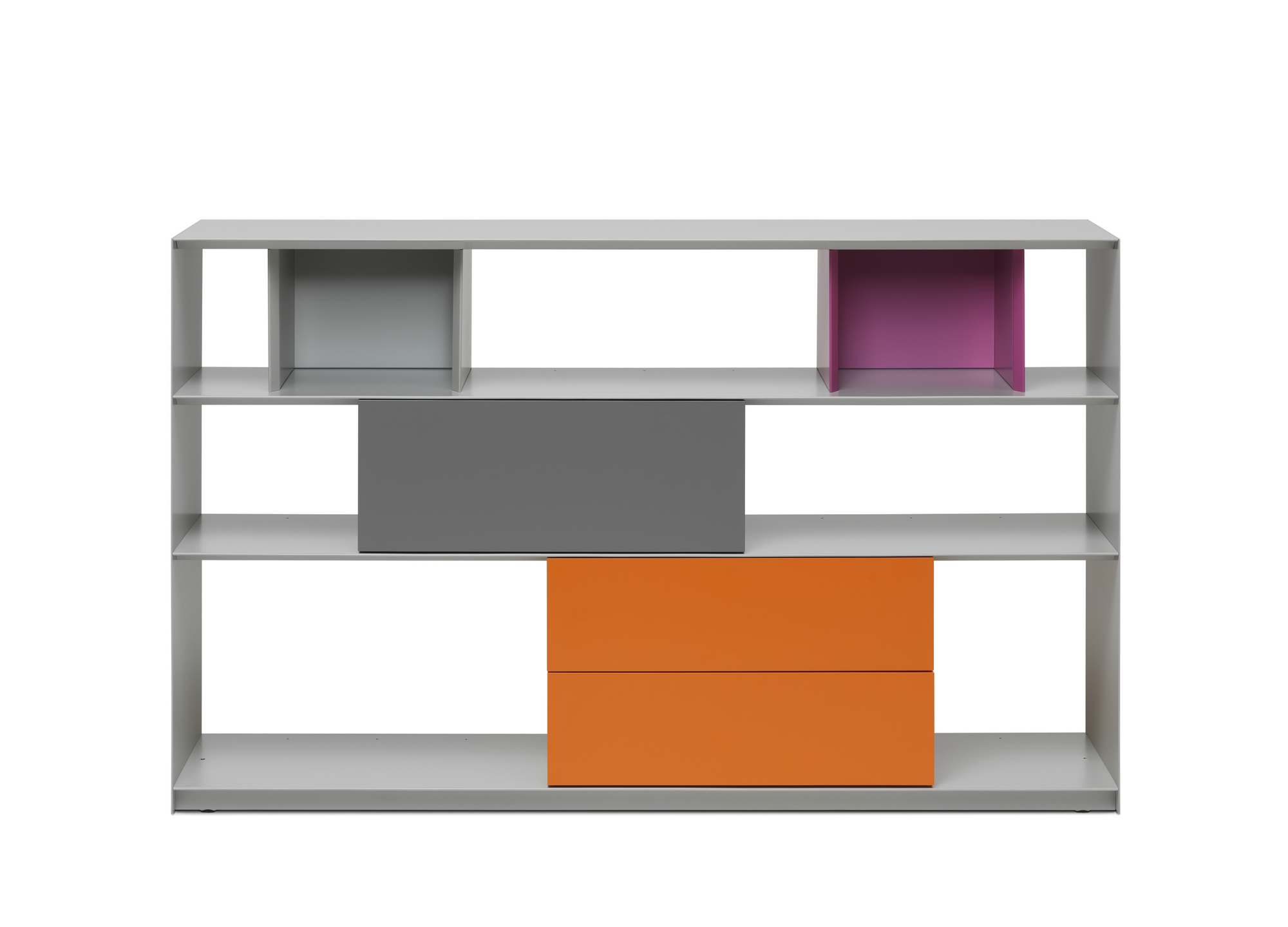 Stack Sideboard von Müller Möbelfabrikation: Modernes Regalsystem in Grau mit farbigen Schubladen und Fächern.