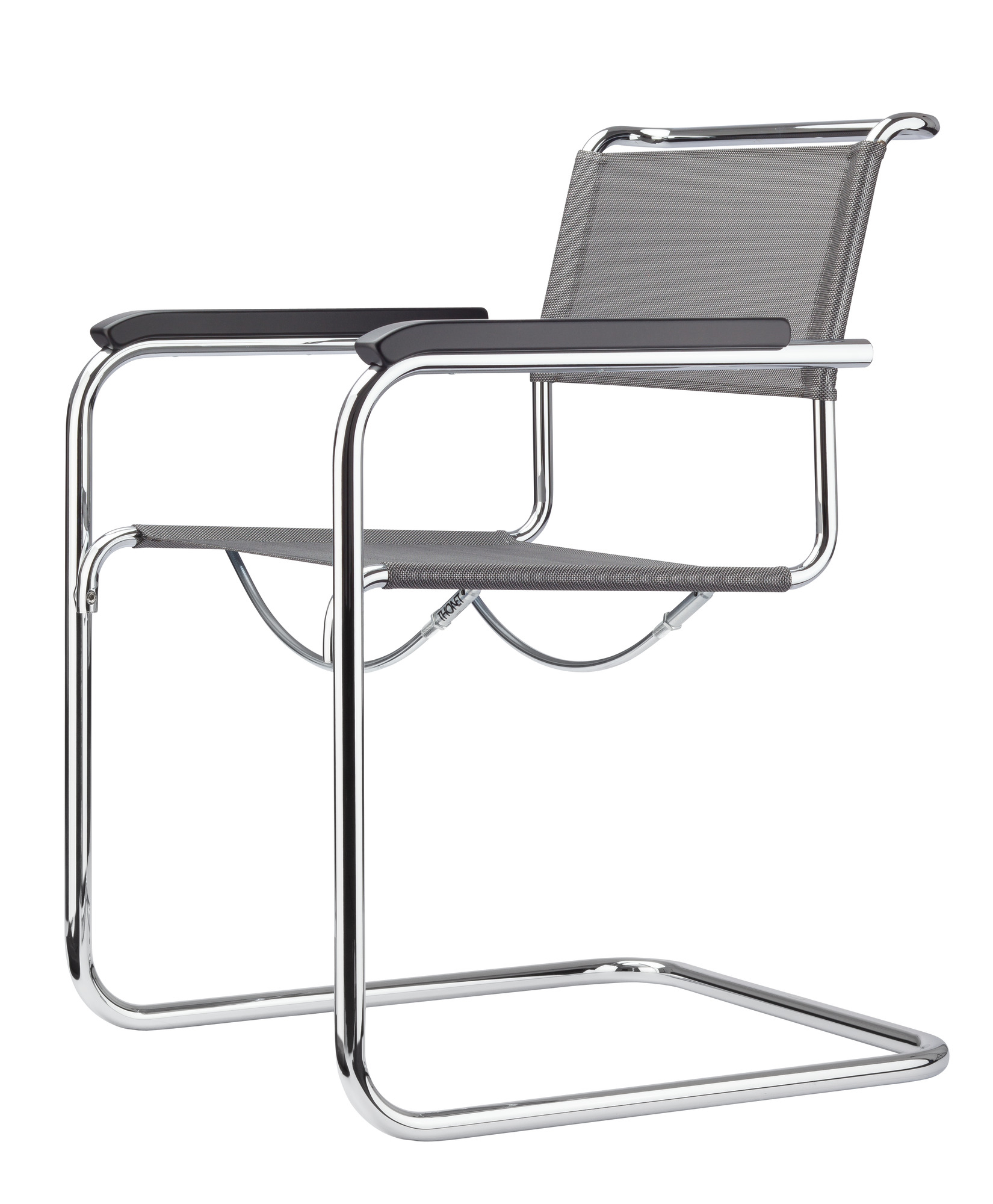 S 34 N Freischwinger von Thonet mit verchromtem Stahlrohrgestell und grauem Netzgewebe für Sitz und Rücken.