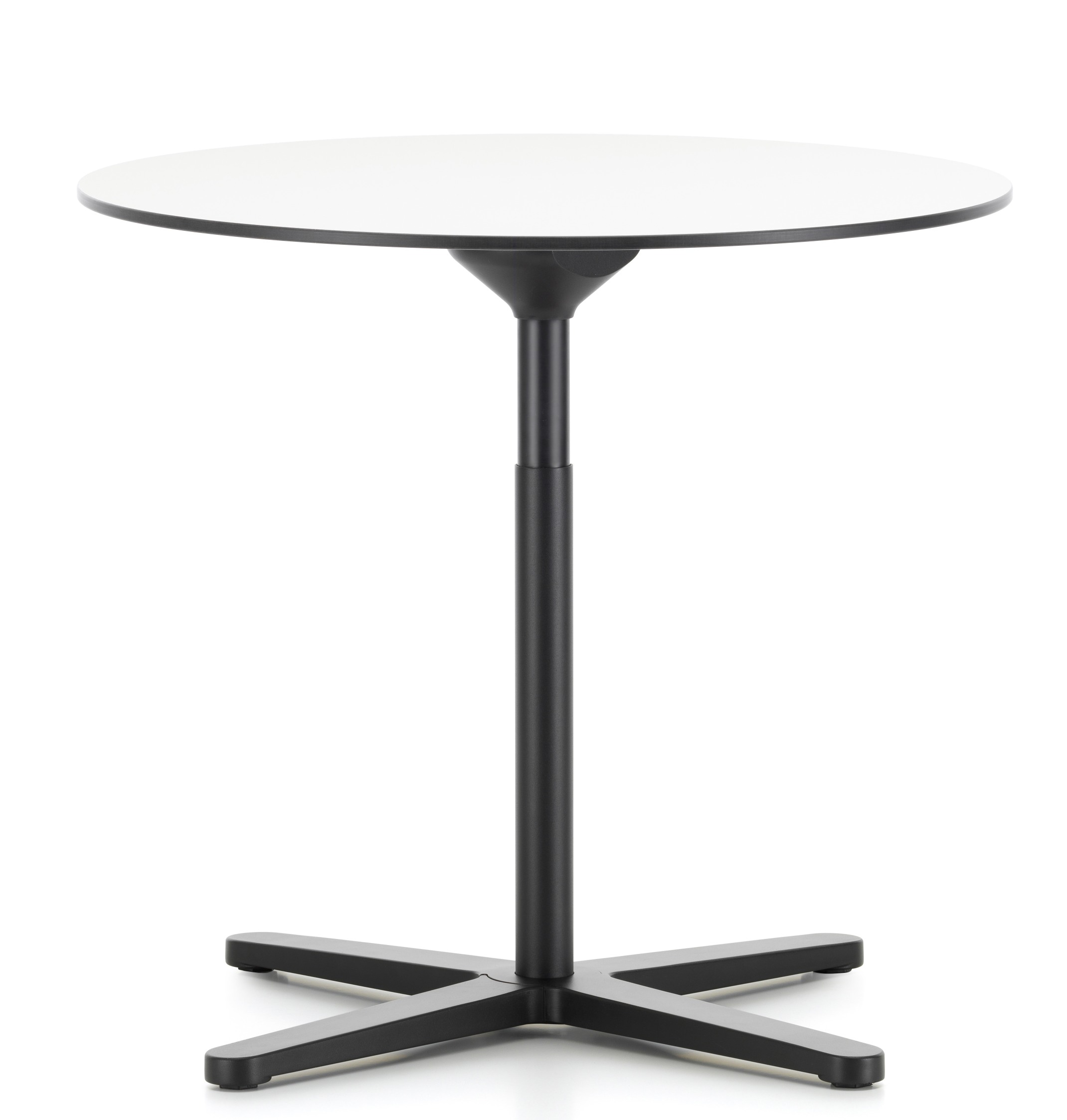 Weißer, runder Vitra Super Fold Table Faltbarer Tisch mit schwarzem Fuß auf weißem Hintergrund.
