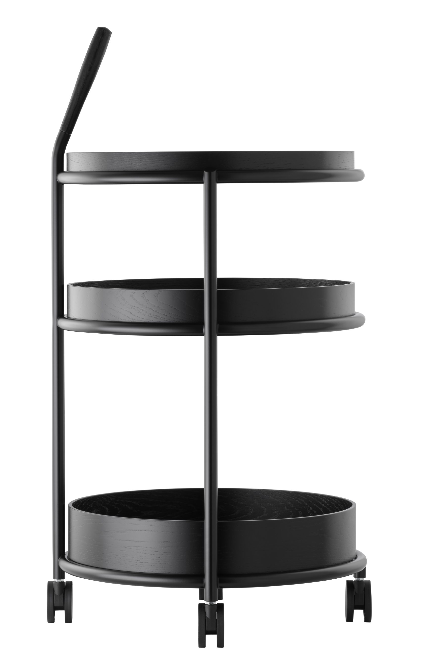 Schwarzer K6 Servierwagen von Tecta mit drei Etagen und Rollen, modernes Möbeldesign.