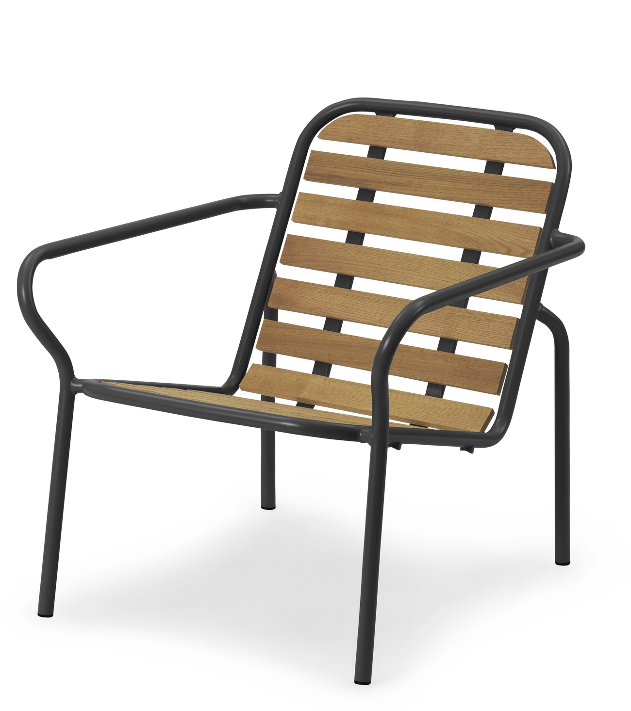 Vig Lounge Chair Wood Sessel von Normann Copenhagen für den Außenbereich mit Holzlatten und schwarzem Gestell.