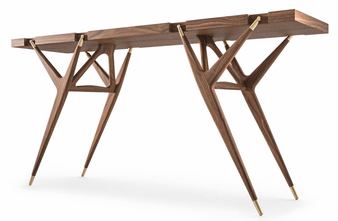 Cassina 819 PA´1947 Konsolentisch aus amerikanischem Nussbaum mit filigranem, modernem Design und goldenen Akzenten.