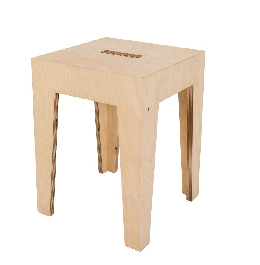 HENRIK Hocker aus hellem Holz, quadratisch, mit Griffloch. Moderner Hocker für Wohnzimmer und Büro.