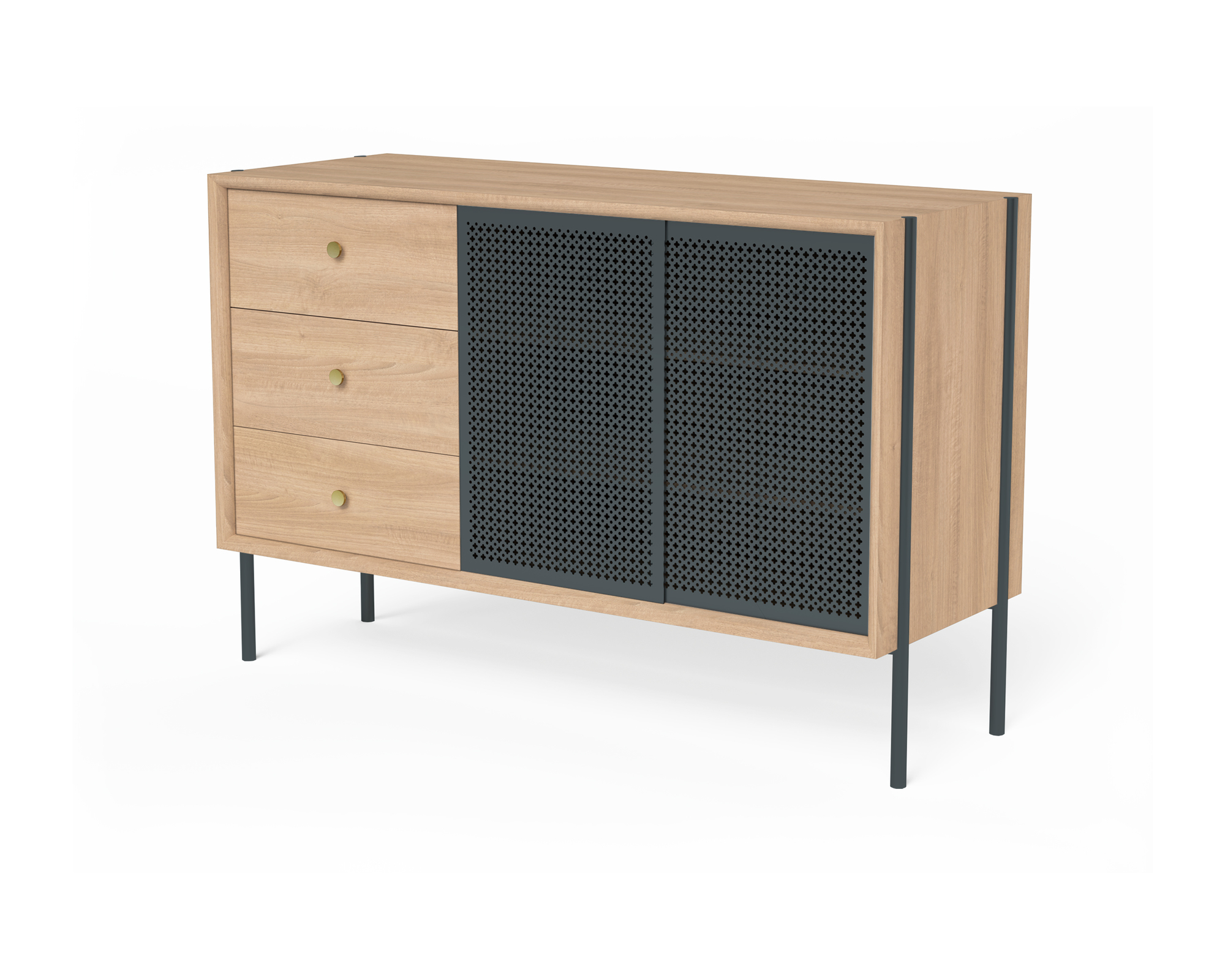 Hartô Gabin Sideboard aus Holz mit drei Schubladen und perforierten Schiebetüren.